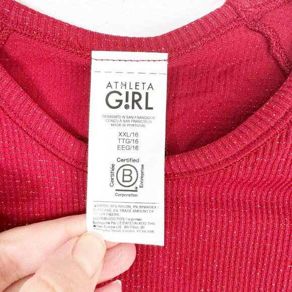 Athleta Girl Kids Power Up Shimmer Top Red Silver Sparkle XXL 16 NWT Stretch - Picture 2 of 13